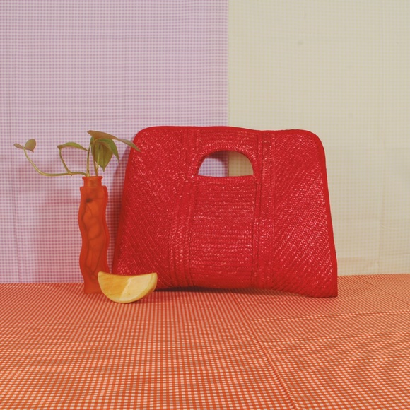 Vintage Red Woven Straw Handbag Square Clutch - Picture 4 of 5